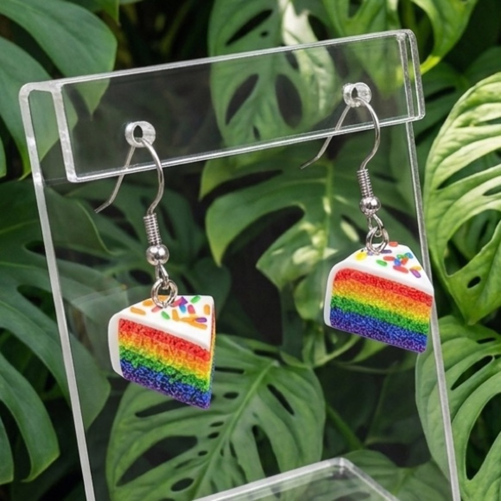 Rainbow Layered Cake Slice - Handmade Earrings - Colorful